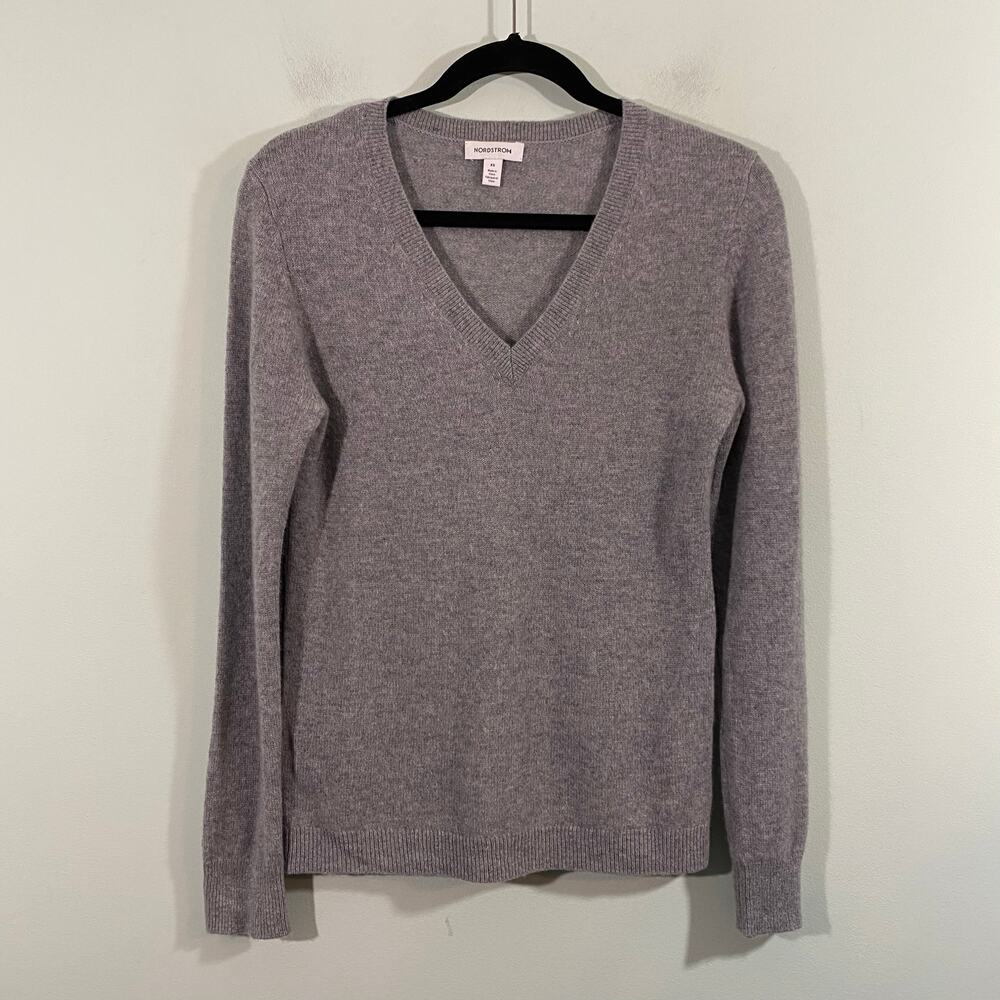 Nordstrom Women Grey V-neck 100% Cashmere Pullover Sweater Size XS